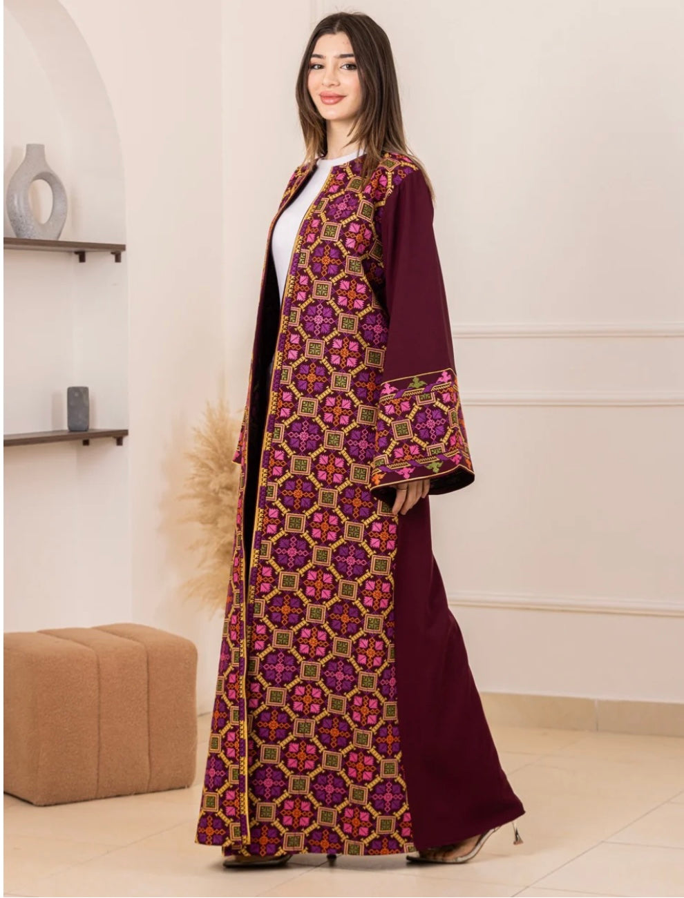 Salma Palestinian Embroidered Abaya Burgundy