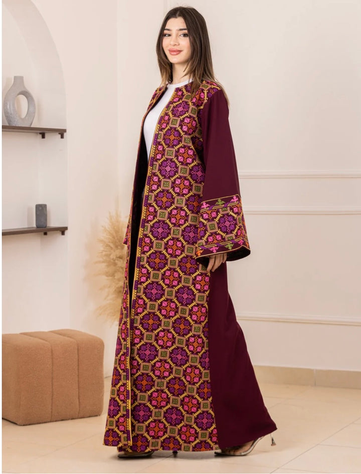 Salma Palestinian Embroidered Abaya Burgundy