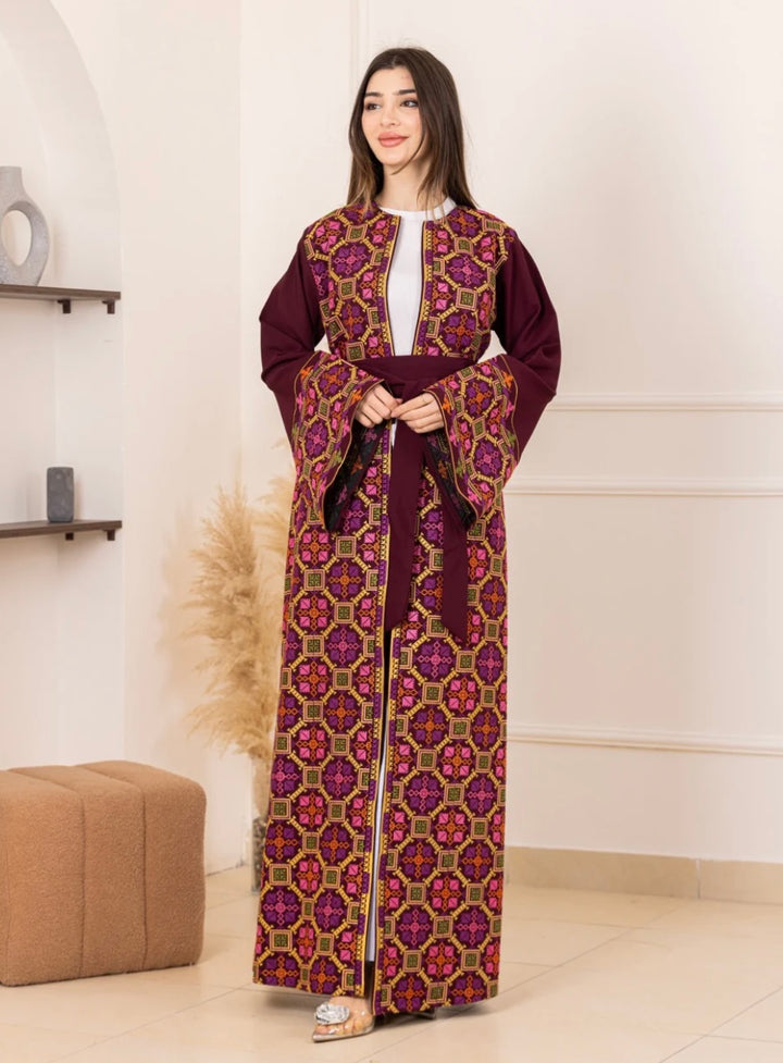 Salma Palestinian Embroidered Abaya Burgundy