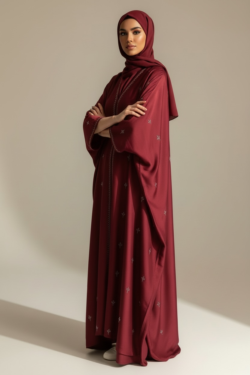 Woman wearing a pomegranate red abaya with a matching chiffon scarf/hijab