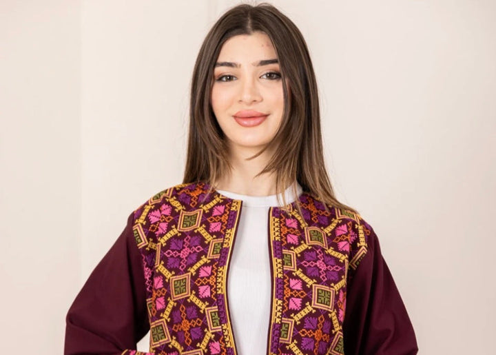 Salma Palestinian Embroidered Abaya Burgundy
