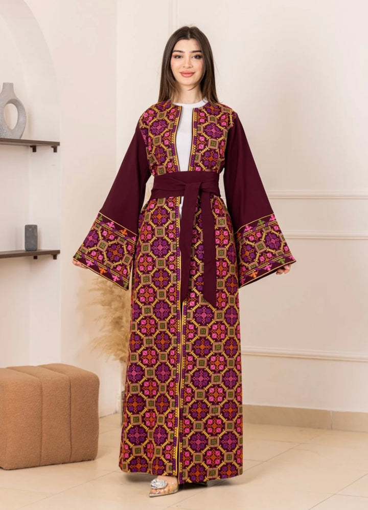 Salma Palestinian Embroidered Abaya Burgundy