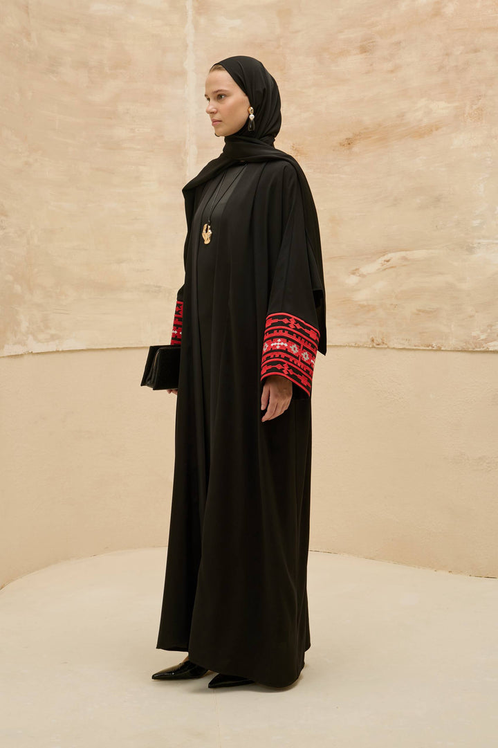 Traditional Palestine Map Embroidered Abaya - Black