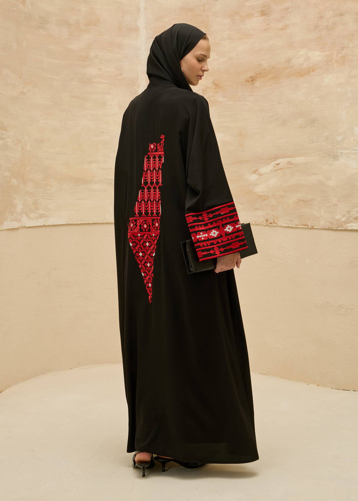 Traditional Palestine Map Embroidered Abaya - Black