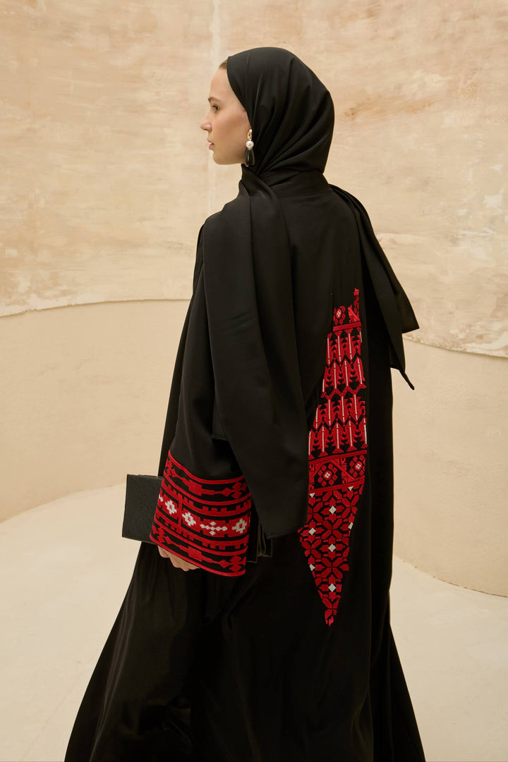 Traditional Palestine Map Embroidered Abaya - Black
