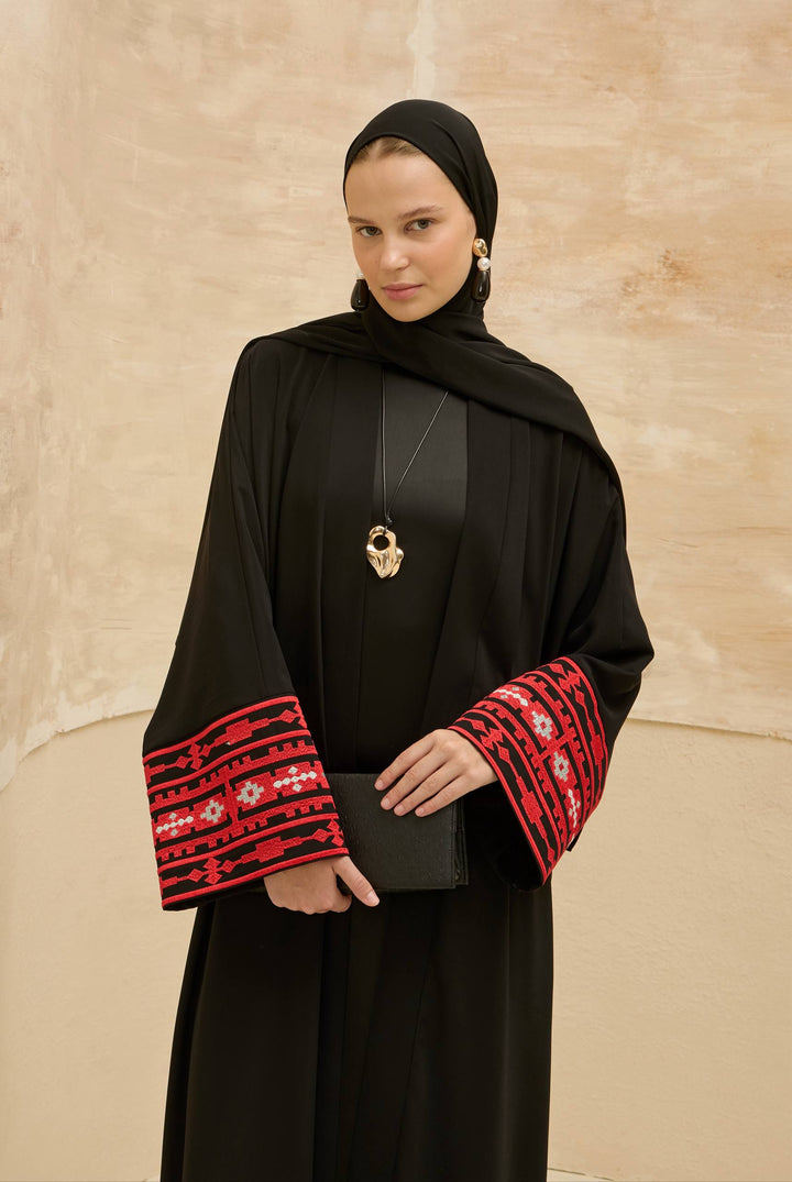 Traditional Palestine Map Embroidered Abaya - Black
