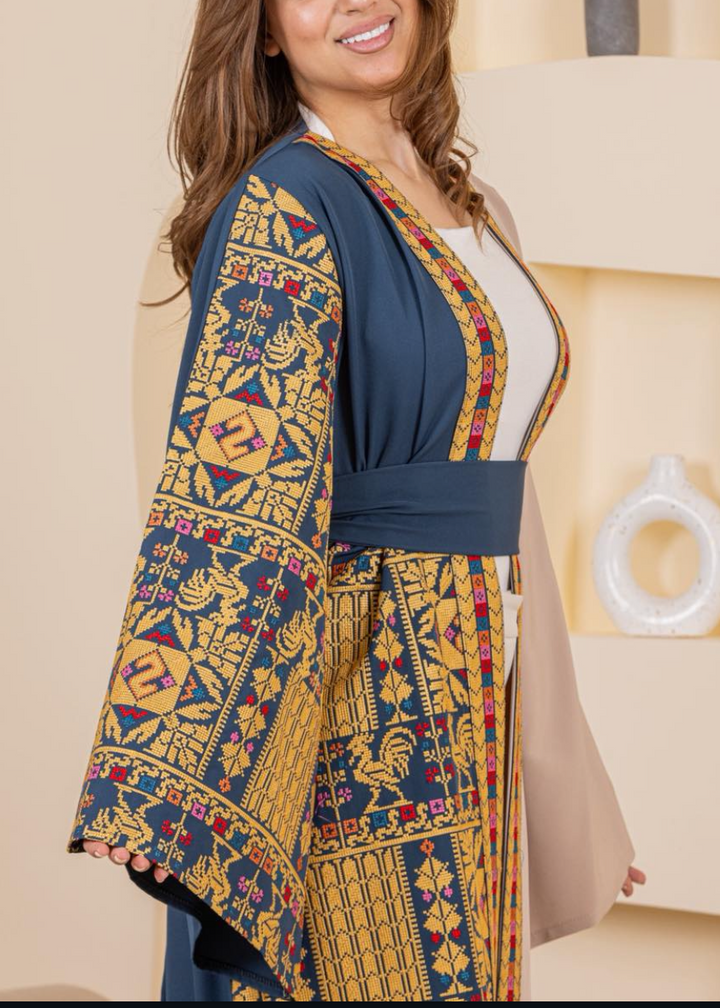 Yara Palestinian Abaya-Teal/Beige